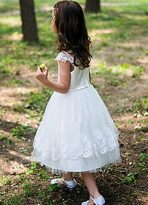 Ball-gown/princess Scoop Tea-length Tulle Flower Girl Dresses With Sashes