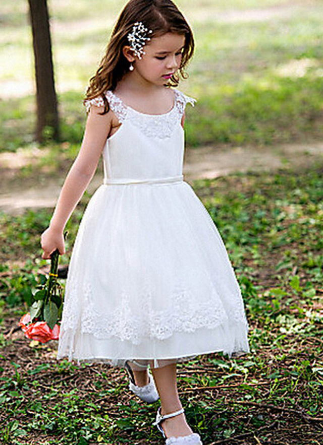 Ball-gown/princess Scoop Tea-length Tulle Flower Girl Dresses With Sashes