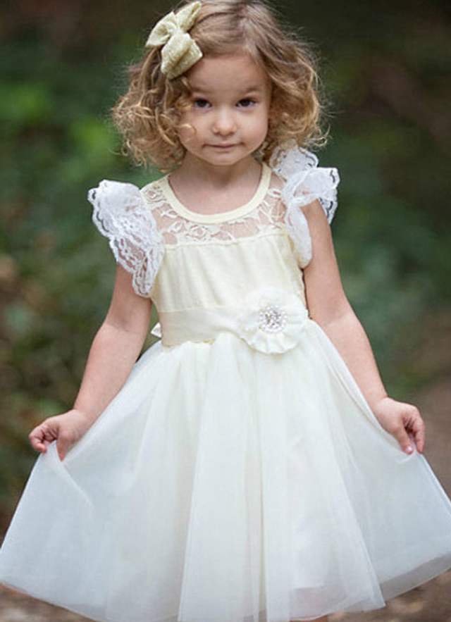 Ball-gown/princess Scoop Tea-length Tulle Flower Girl Dresses With Lace Sashes