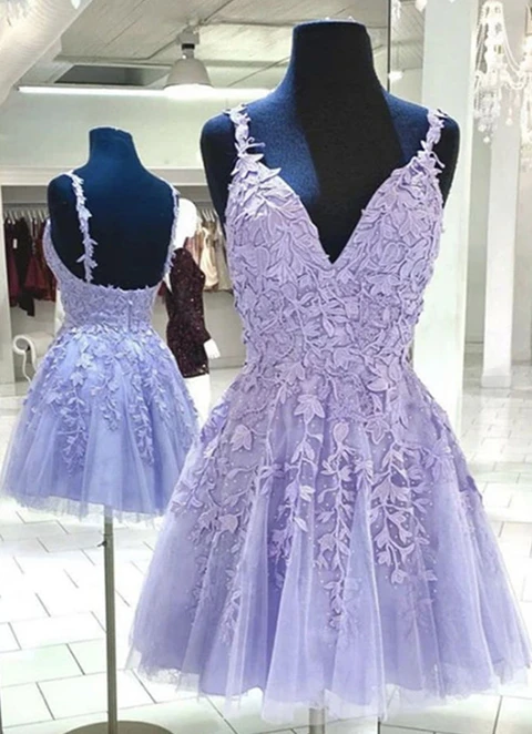 A-line V Neck Sleeveless Lace Tulle Short/mini Dresses With Appliqued Beading