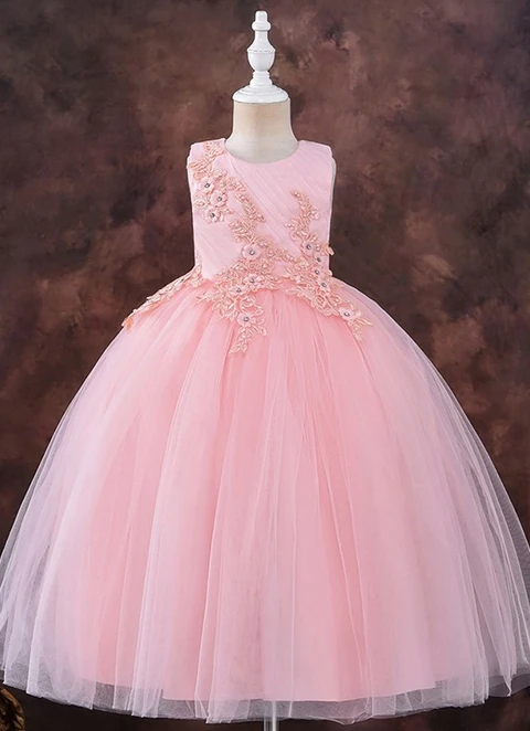 Ball-gown/princess Tulle Applique Scoop Sleeveless Tea-length Flower Girl Dresses