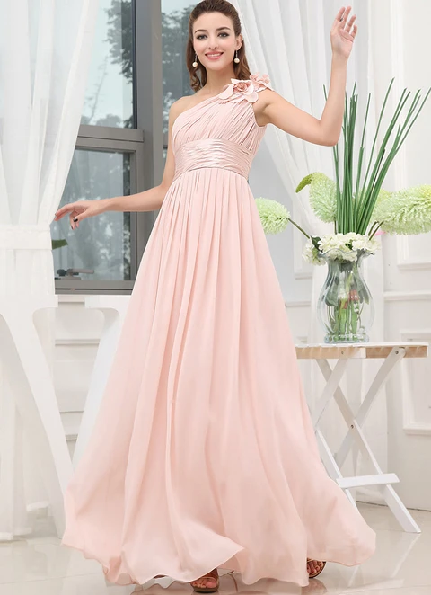 A-line Sleeveless One-shoulder Floor-length Chiffon Bridesmaid Dresses With Pleated Flower