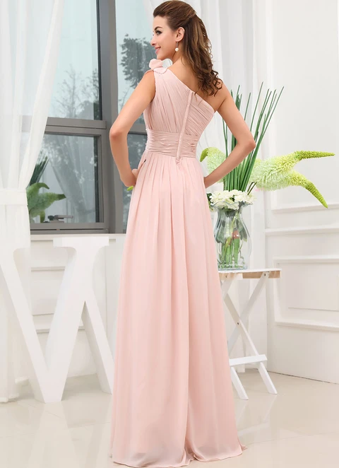 A-line Sleeveless One-shoulder Floor-length Chiffon Bridesmaid Dresses With Pleated Flower