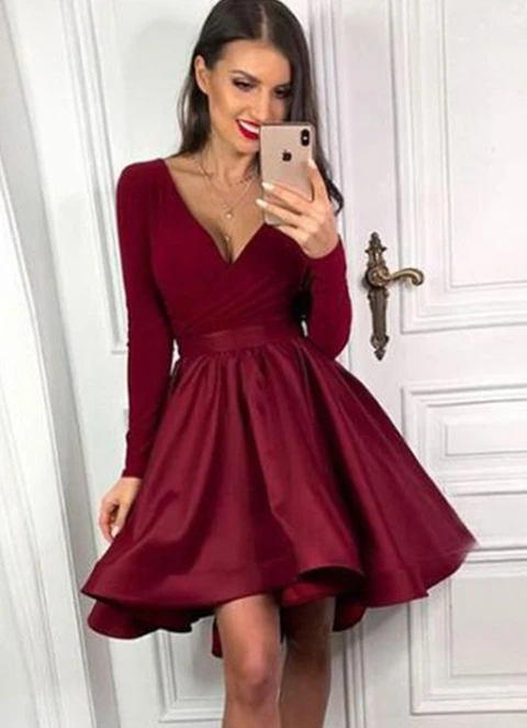 A-line V Neck Full/long Sleeve Short/mini Satin Dresses With Pleated