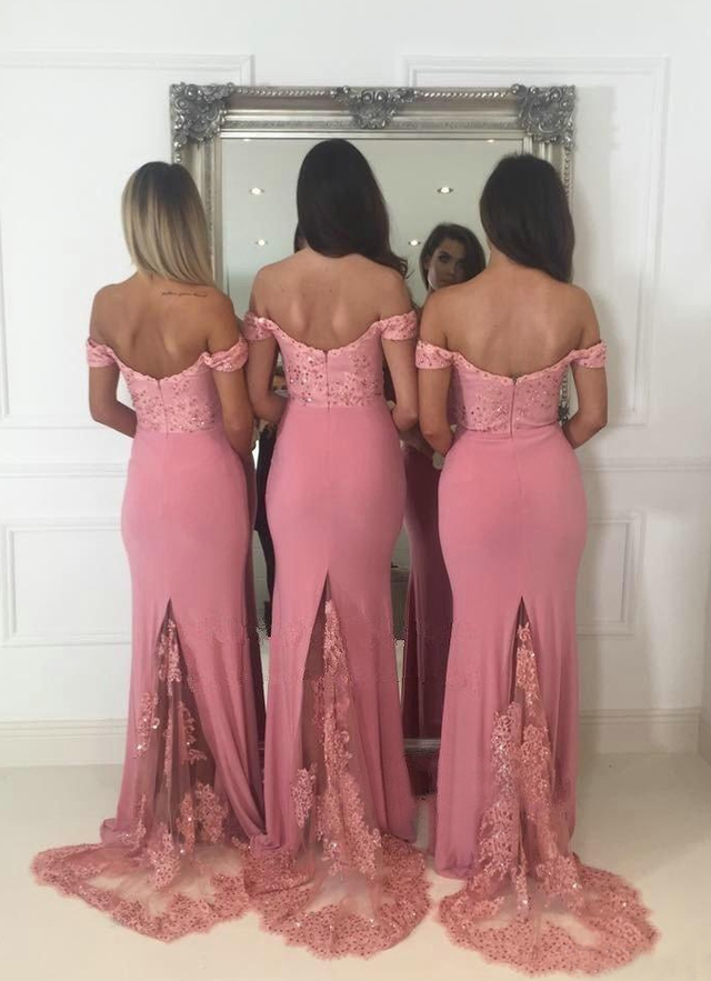 Sheath/column Sleeveless Off-the-shoulder Sweep Train Jersey Bridesmaid Dresses With Beading Lace