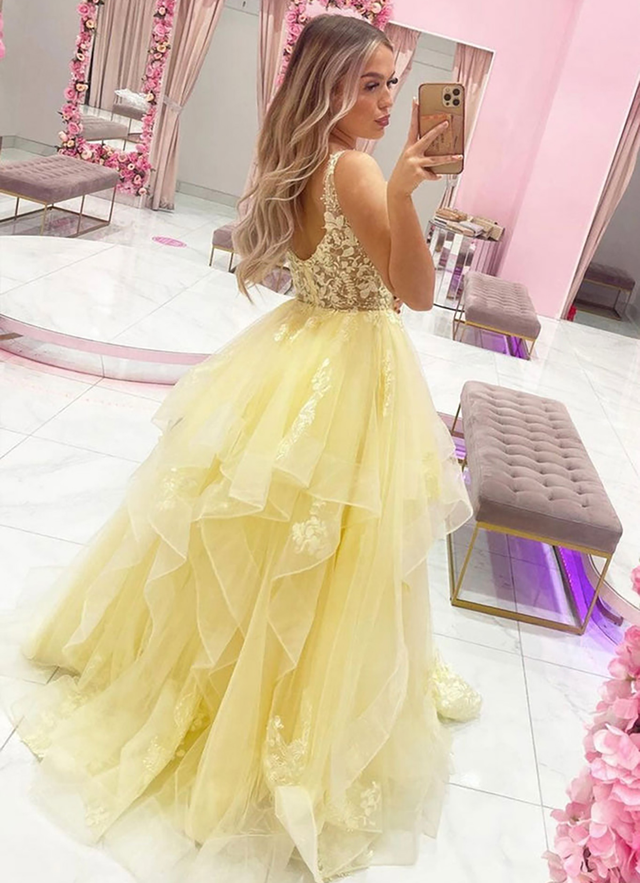 A-line Princess V Neck Sleeveless Tulle Long/floor-length Dresses With Lace