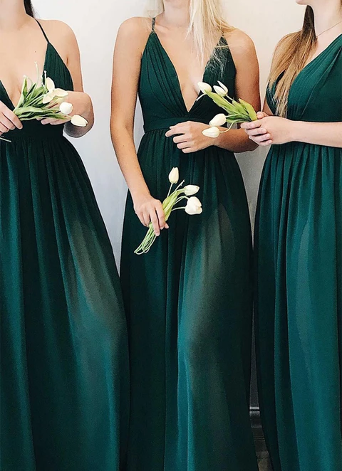 A-line V Neck Sleeveless Crossed Straps Floor-length Chiffon Bridesmaid Dresses With Pleated