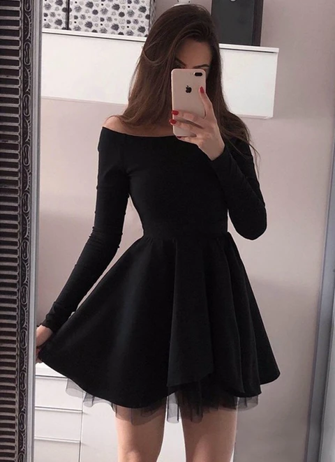 A-line Off-the-shoulder Full/long Sleeve Short/mini Elastic Satin Dresses