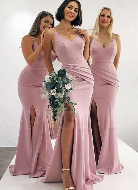 Trumpet/mermaid V Neck Sleeveless Sweep Train Elastic Satin Bridesmaid Dresses With Pleated Split