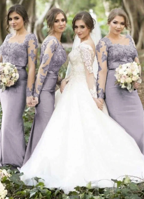 Sheath/column Full/long Sleeve Square Neck Floor-length Elastic Satin Bridesmaid Dresses With Appliqued