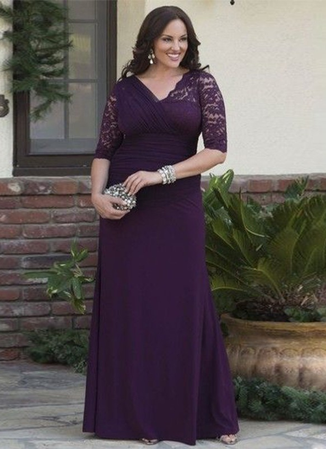 A-line Chiffon V-neck Half Sleeves Floor-length Mother Of The Bride Dresses With Lace