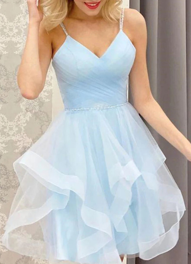 A-line V Neck Sleeveless Tulle Short/mini Dresses With Beading