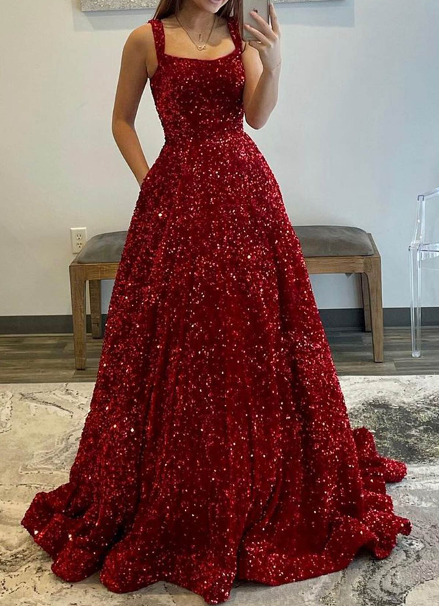 A-line Square Neckline Sleeveless Sweep Train Velvet Sequins Dresses