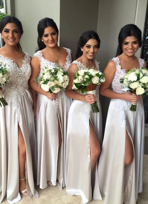 A-line Floor-length Scoop Neck Sleeveless Charmeuse Bridesmaid Dresses With Appliqued Split