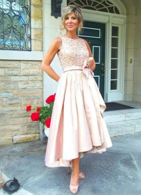 Satin Mother Of The Bride Dress Ball-gown/princess Scoop Asymmetrical With Beaded Bowknot Pleated