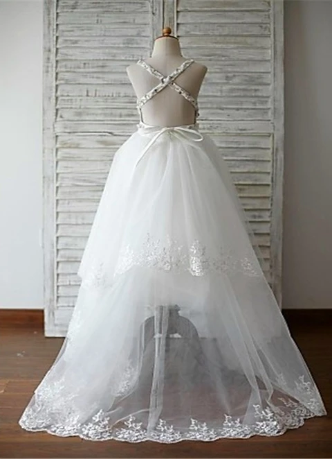 Ball-gown/princess Square Sleeveless Beading Sweep/brush Train Tulle Flower Girl Dresses