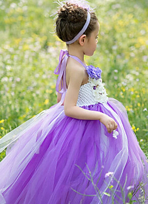 Ball-gown/princess Halter Long/floor-length Tulle Flower Girl Dresses With Flower 