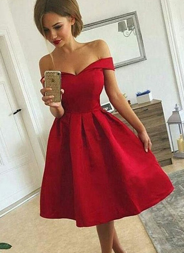 A-line Off-the-shoulder Short Sleeve Knee-length Satin Dresses