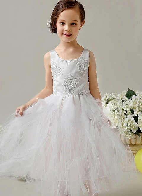 Ball-gown/princess Scoop Tea-length Tulle Appliqued Flower Girl Dresses