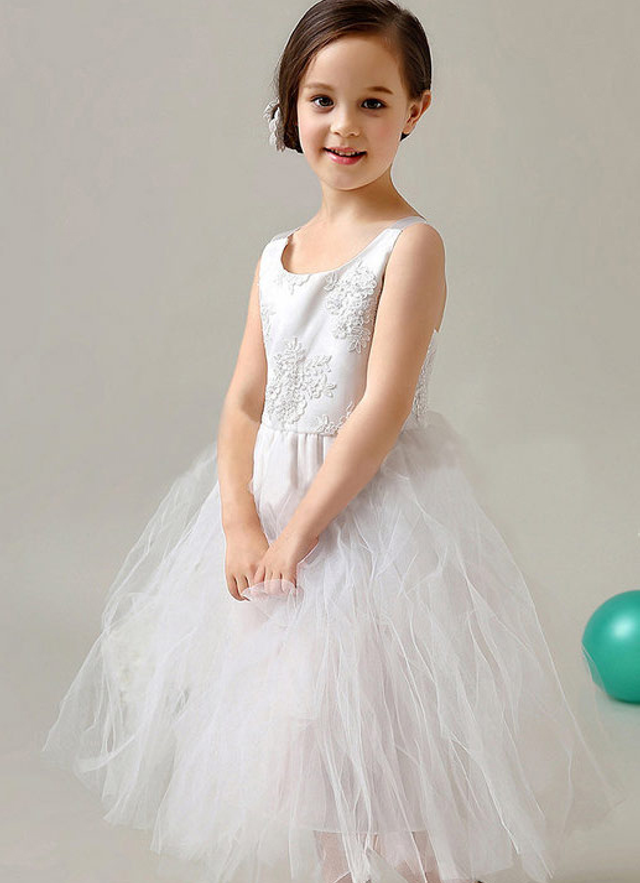 Ball-gown/princess Scoop Tea-length Tulle Appliqued Flower Girl Dresses