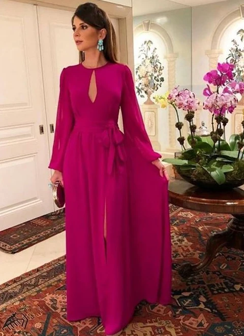 A-line Chiffon Scoop Long Sleeves Floor-length Mother Of The Bride Dresses With Sashes