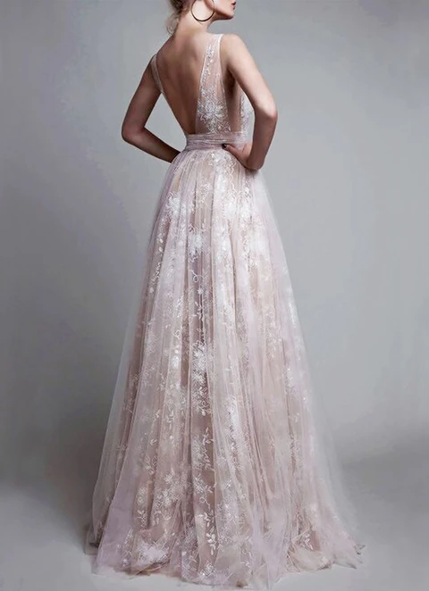 A-line/princess V-neck Floor-length Tulle Sleeveless Applique Dresses