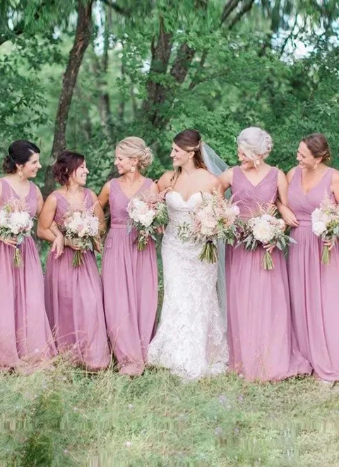 A-line Sleeveless V Neck Long/floor-length Chiffon Bridesmaid Dresses With Pleated