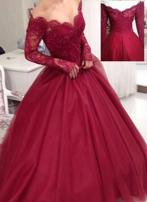 Ball Gown Off-the-shoulder Full/long Sleeve Long/floor-length Tulle Dresses With Lace