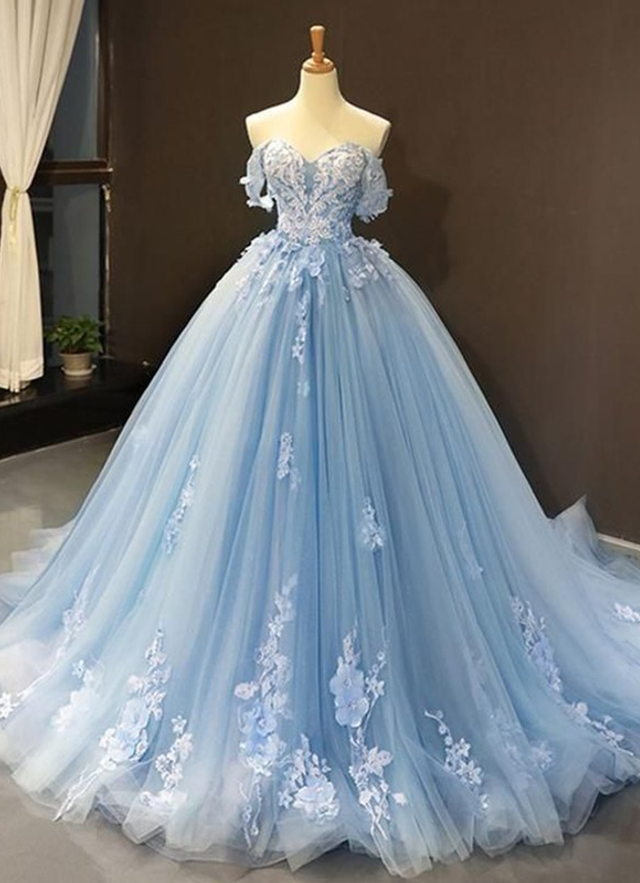 Ball Gown Tulle Off-the-shoulder Sleeveless Applique Chapel Train Dresses