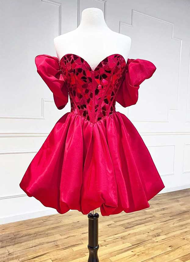 A-line Princess Sweetheart Short Sleeve Short/mini Satin Dresses With Sequins Bubble