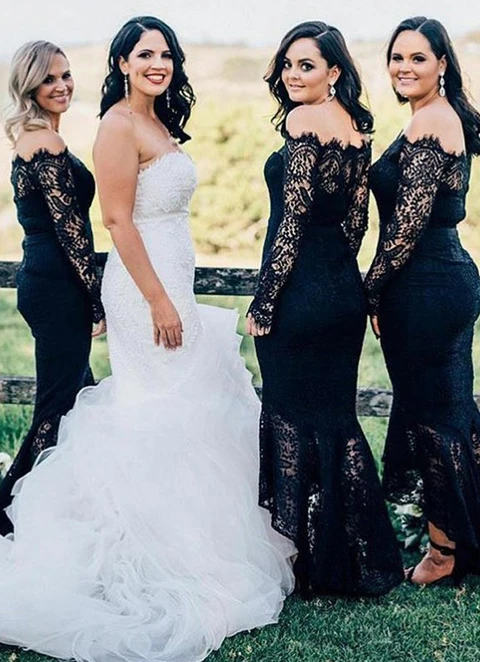 Trumpet/mermaid Long Sleeve Off-the-shoulder Asymmetrical Lace Bridesmaid Dresses