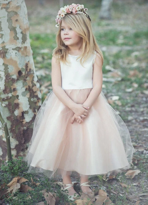 Ball-gown/princess Tea-length Scoop Sleevesless Tulle Flower Girl Dresses