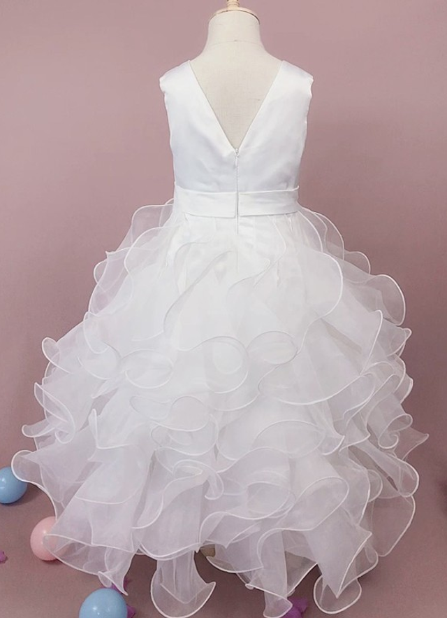 Ball-gown/princess Scoop Sleeveless Tea-length Organza Flower Girl Dresses With Ruffles 