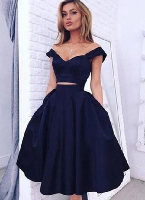 A-line Off-the-shoulder Sleeveless Knee-length Satin Dresses With Pockets