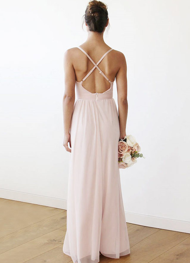 V Neck Sleeveless Long/floor-length Chiffon Spaghetti Straps Pleated Bridesmaid Dresses