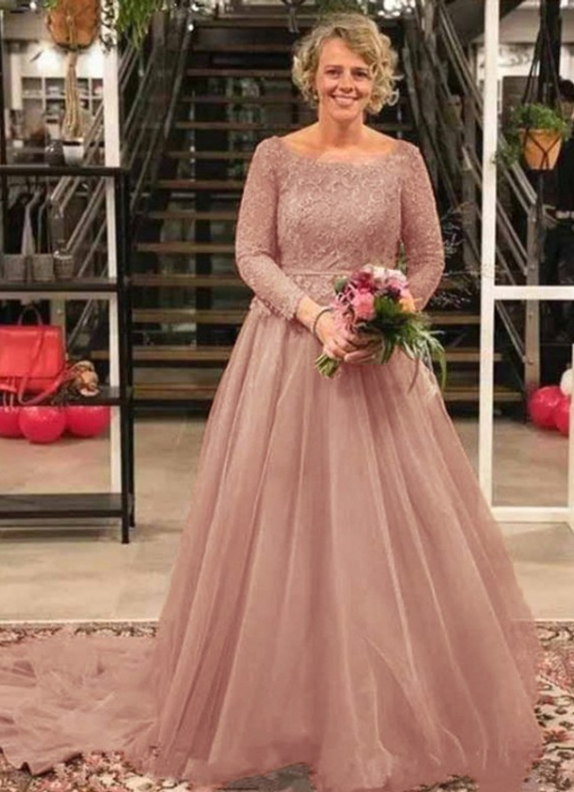 Ball-gown/princess Tulle Scoop Long Sleeves Court Train Mother Of The Bride Dresses With Lace