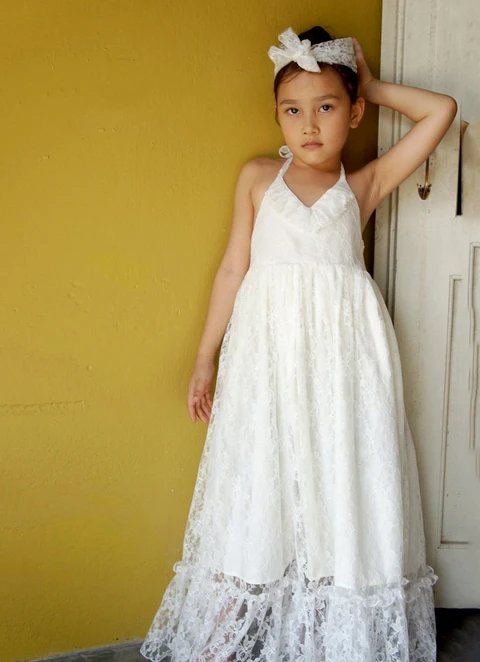  A-line Halter Long/floor-length Lace Flower Girl Dresses