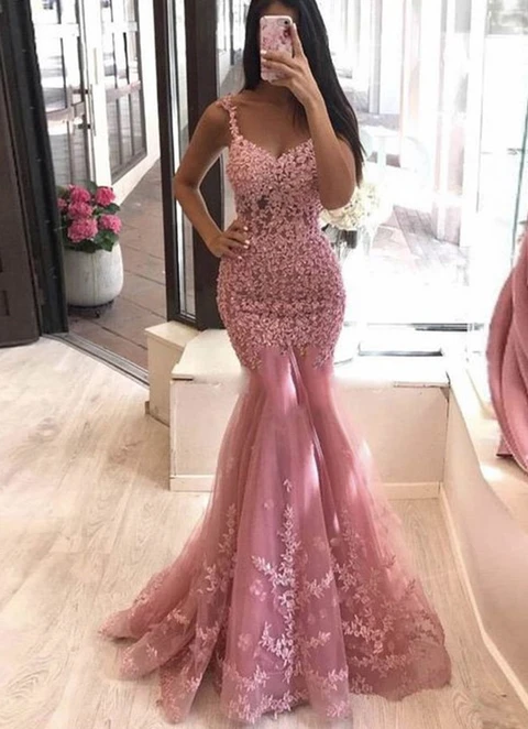 Trumpet/mermaid Lace Applique V-neck Sleeveless Sweep/brush Train Dresses