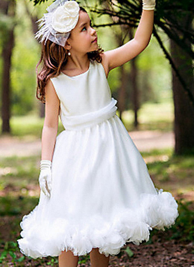 Ball-gown/princess Scoop Tea-length Appliqued Organza Flower Girl Dress