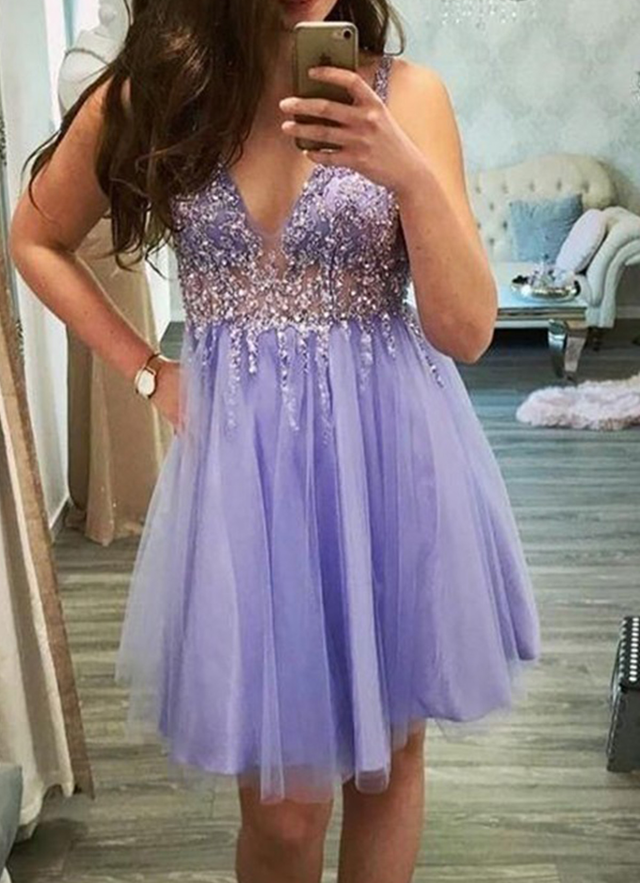 A-line V Neck Sleeveless Knee-length Tulle Homecoming Dress With Appliqued Beading Sequins