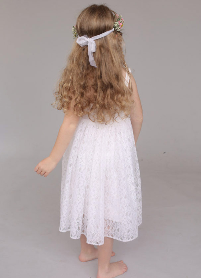 A Line Tea-length Square Sleevesless Lace Flower Girl Dresses With Sashes