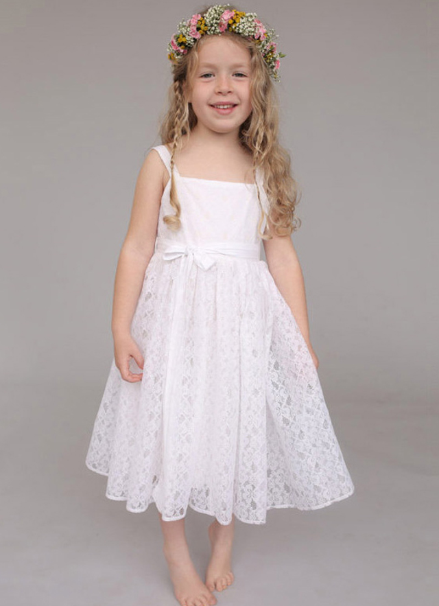 A Line Tea-length Square Sleevesless Lace Flower Girl Dresses With Sashes