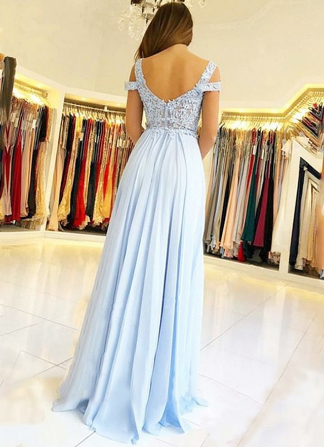 A-line/princess Sleeveless Off-the-shoulder Floor-length Applique Chiffon Dresses