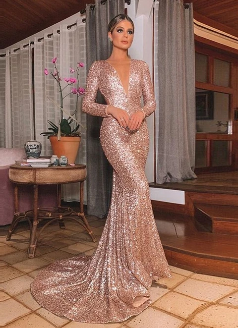 Trumpet/mermaid Sequins Long Sleeves V-neck Court Train Ruffles Dresses