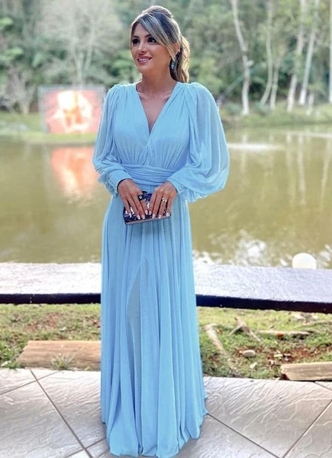 A-line Chiffon Pleated V-neck Long Sleeves Floor-length Mother Of The Bride Dresses