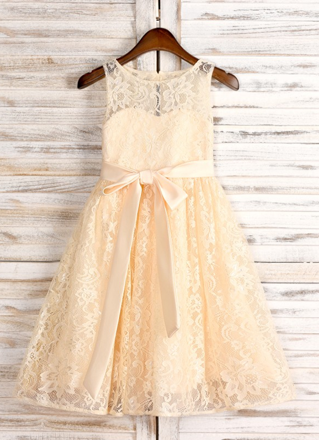 A-line Lace Sash Scoop Sleeveless Tea-length Flower Girl Dresses