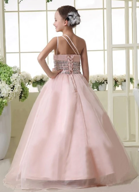 Ball-gown/princess Floor-length One Shoulder Sleevesless Organza Beading Junior Bridesmaid Dresses