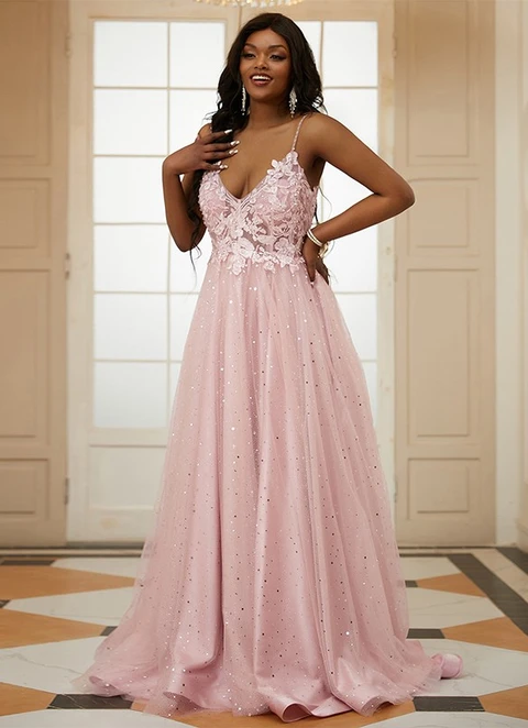 A-line/princess Tulle Applique V-neck Sleeveless Sweep/brush Train Dresses