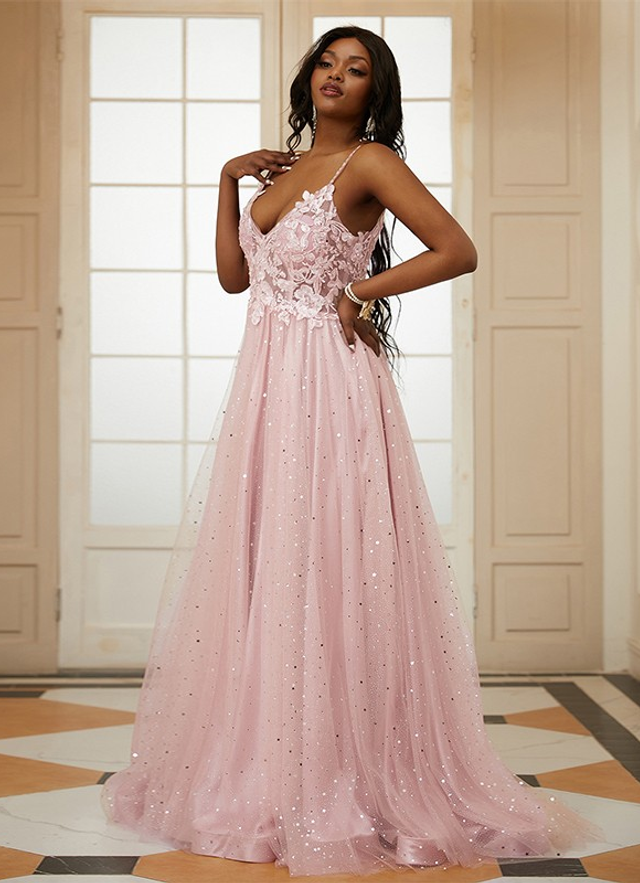 A-line/princess Tulle Applique V-neck Sleeveless Sweep/brush Train Dresses