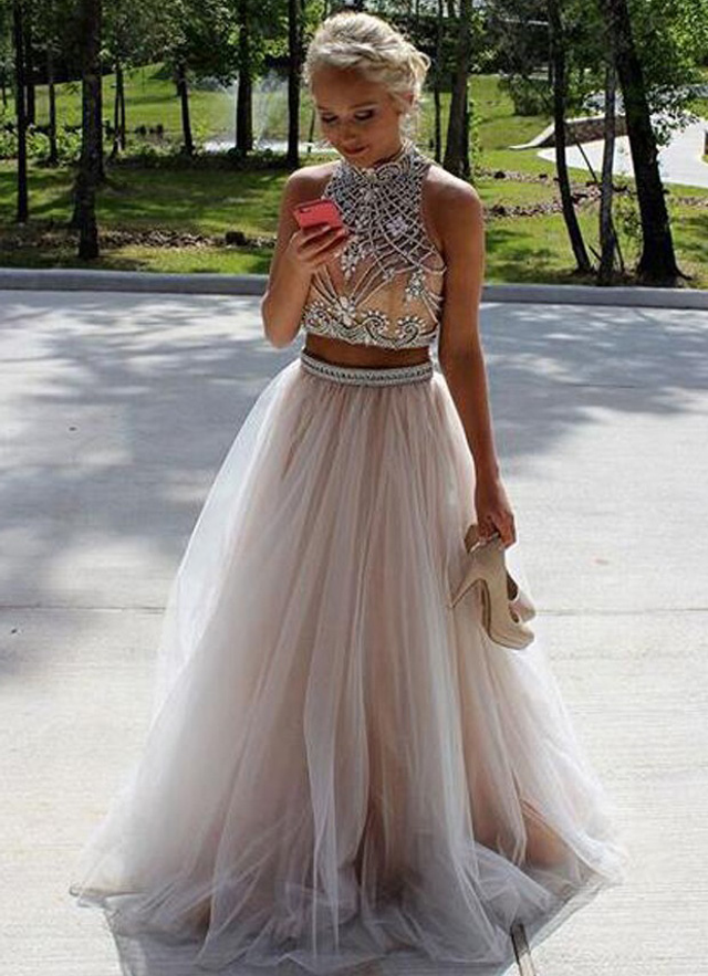 Princess Sleeveless Halter Sweep Train Tulle Two Piece Prom Dress With Beading